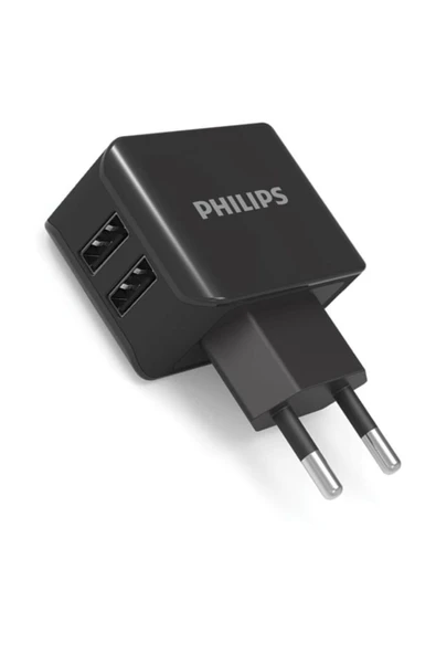Philips DLP2502/78 2 USB Çıkışlı Duvar Şarj Cihazı, Siyah ürün görseli 1