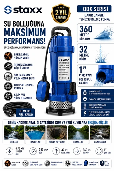 QDX Serisi 1 HP Bakır Sargılı Şamandıralı Temiz Su Dalgıç Pompa 36 Metre Basma 10 Metre Kablolu ürün görseli 1