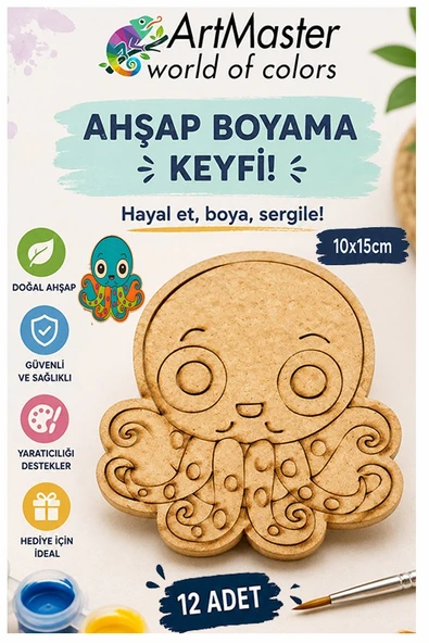 Ahşap Boyama Ahtapot 12 Adet 10x15cm Boyama Deniz Figürü Etkinlik Çoçuk Gelişim Motor Beceri Kreş Anasınıfı ürün görseli 1