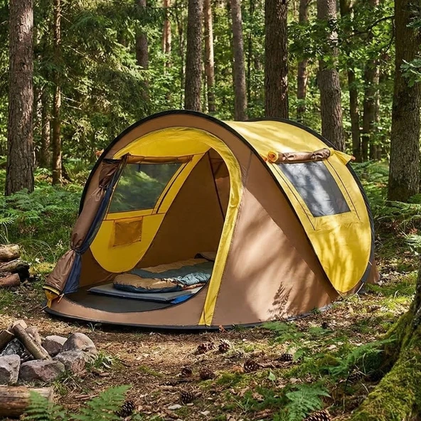 2 Kişilik Vagon Tipi Yarı Otomatik Kamp Çadırı - Çift Kapılı, Çift Pencereli, Hafif Taşınabilir Outdoor Doğa Çadırı 220x120x90 cm (5250) ürün görseli 1