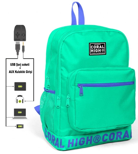 Coral High Logo Nakışlı Yeşil Ortaokul, Lise ve Günlük Sırt Çantası(USB VE AUX SOKETLİ) ürün görseli 1