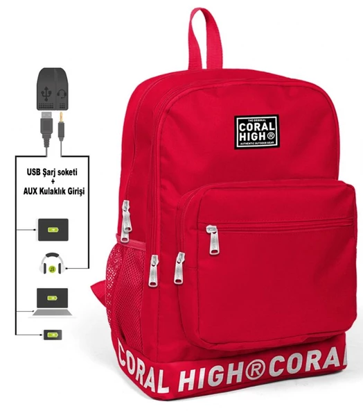 Coral High Logo Nakışlı Kırmızı Ortaokul, Lise ve Günlük Sırt Çantası(USB VE AUX SOKETLİ) ürün görseli 1