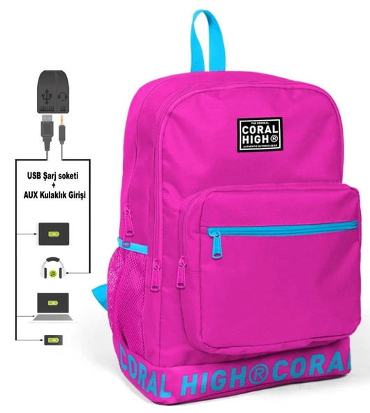 Coral High Logo Nakışlı Pembe Ortaokul, Lise ve Günlük Sırt Çantası(USB VE AUX SOKETLİ) ürün görseli 1
