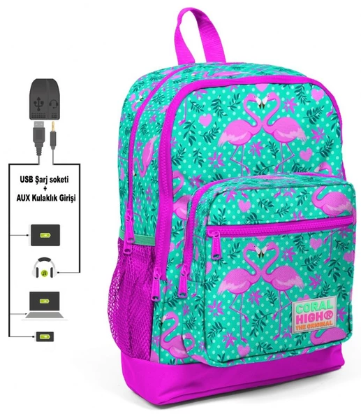 Coral High Pembe Flamingo Desenli Usb Şarj ve Kulaklık Çıkışlı Okul Sırt Çantası ürün görseli 1