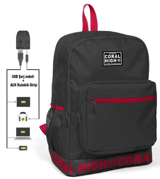 Coral High Logo Nakışlı Gri Ortaokul, Lise ve Günlük Sırt Çantası(USB VE AUX SOKETLİ) ürün görseli 1