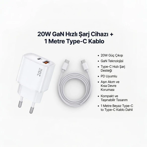 20W GaN Hızlı Şarj Adaptörü Cihazı – 1 Metre Type-C Kablo Dahildir ürün görseli 1