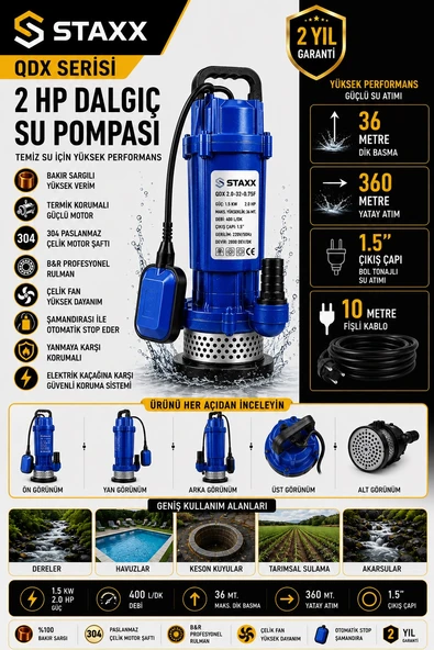 QDX 2 HP Dalgıç Su Pompası Bakır Sargılı Şamandıralı 40 Metre Basma 1.5'' Çıkışlı Temiz Su Motoru ürün görseli 1