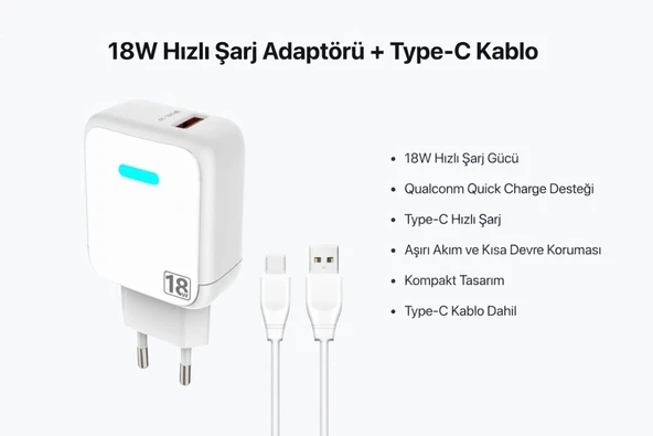 18W 3 Amper Hızlı Şarj Aleti Adaptörü – Quick Charge + 1 Metre Type-C Kablo Dahil ürün görseli 1