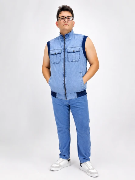 Büyük Beden Denim Dik Yaka Fermuarlı Cepli Bomber Erkek Yelek ürün görseli 1