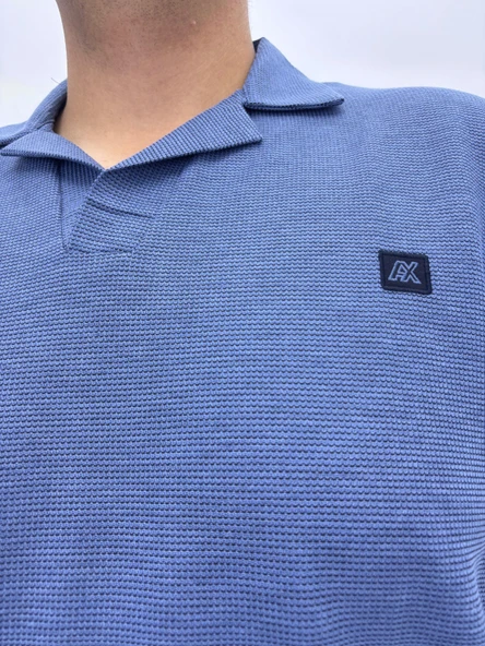 Büyük Beden Yakalı Waffle Kumaş Basic Erkek Tshirt - Resim 5