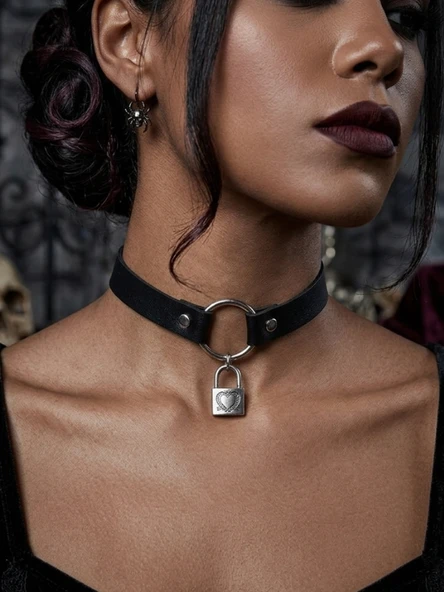 Gotik Choker Kolye Kadın | Kilit Detaylı Punk Boyunluk | Alternatif Tarz Yaka Kolyesi | Gothic Stil Parti ve Cosplay Aksesuarı ürün görseli 1