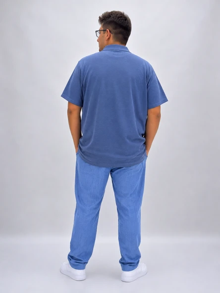 Büyük Beden Yakalı Waffle Kumaş Basic Erkek Tshirt - Resim 4