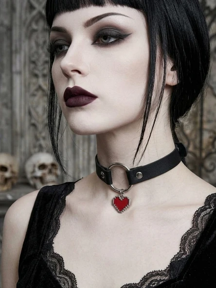 Kırmızı KalpLİ Siyah Choker Kolye Kadın – Gotik Boyunluk, Y2K Punk Kalp Kolye, Deri Kemerli  Choker ürün görseli 1