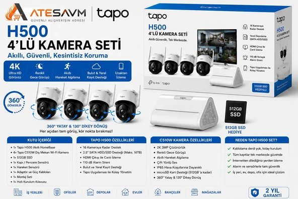 TP-Link Tapo H500 Akıllı HomeBase 4’lü Wi-Fi 2K 512GB SSD Hareket Algılamalı Gece Görüşlü  Kamera Seti ürün görseli 1