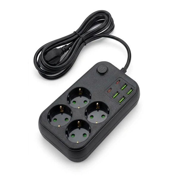 Çoklu Priz Uzatma Kablosu 4 Soket + 4 USB + 2 Type-C – Termal Akım Korumalı, Isıya Dayanıklı, Çocuk Korumalı Güvenli Priz 100-250V (2818) ürün görseli 1