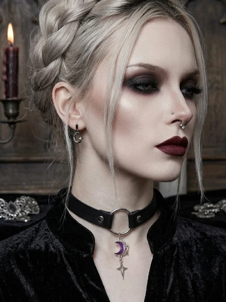 Ay Yıldız Detaylı Choker Kolye Kadın | Gotik Boyunluk Kolye | Alternatif Moda Yaka Kolyesi | Punk ve Cosplay Aksesuarı ürün görseli 1