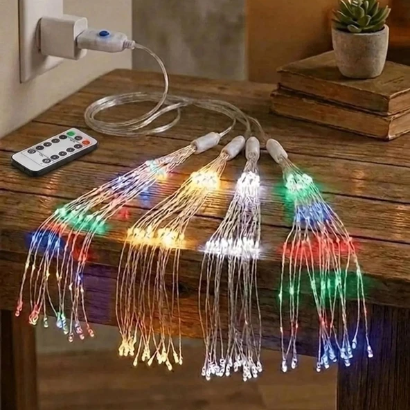 4’lü Açılır LED Işık Seti – 8 Farklı Işık Modlu, Kumandalı, USB Kablolu Renkli Dekoratif Fiber LED Lamba (2818) ürün görseli 1
