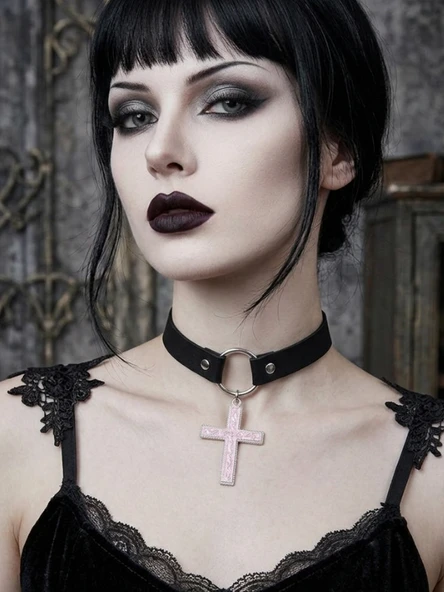 Kadın Gotik Haç Choker Kolye – Siyah Deri Boyunluk, Taşlı Haç Kolye Ucu, Y2K Punk Gothic Ayarlanabilir Kolye ürün görseli 1