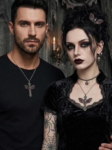 UNİSEX Gotik Kafatası Haç Kolye | Kırmızı & Gri Melek Kanatlı Cross Necklace | Unisex Punk Kolye | Vintage ürün görseli 1