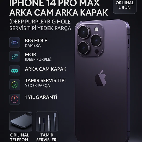 iPhone 14 Pro Max Arka Cam Arka Kapak Mor (Deep Purple) Big Hole Servis Tipi Yedek Parça ürün görseli 1