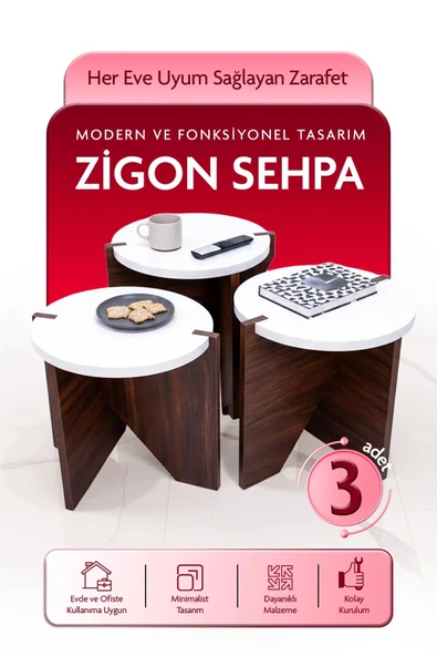 Tridihome 3lü Zigon Sehpa Modern Dekoratif Yan Sehpa Takımı BEYAZ ürün görseli 1