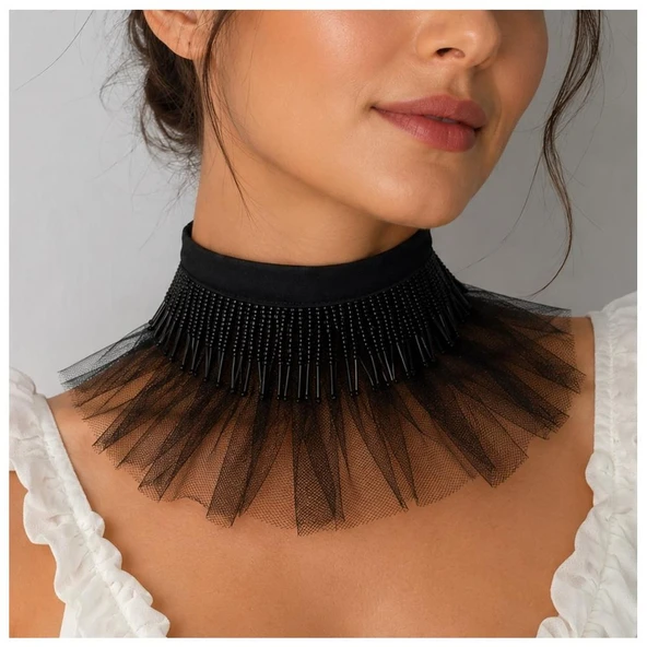 Siyah Organze Tül - Saten - Siyah El İşi Boncuk Kadın Choker ürün görseli 1