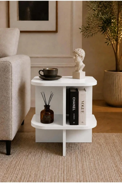 Tridihome Beyaz Modern Yan Sehpa Raflı Komodin C Sehpa Dekoratif Salon Sehpası ürün görseli 1