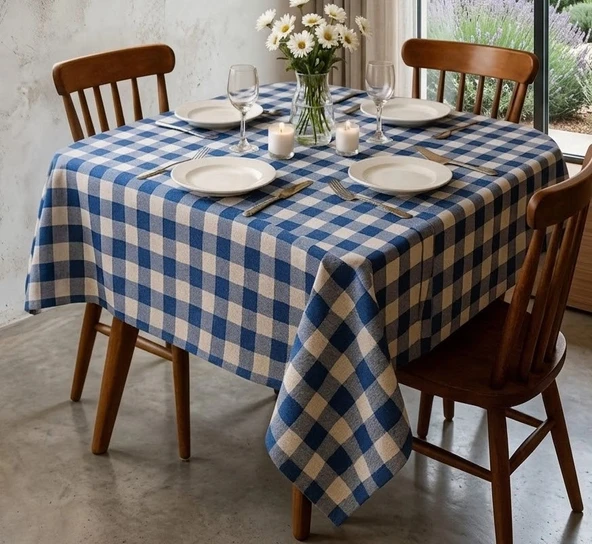 Bicomi Leke Dirençli & Ütü Gerektirmeyen Konforlu Fiber Sofra Bezi (160x160 cm, Mavi Ekose) ürün görseli 1