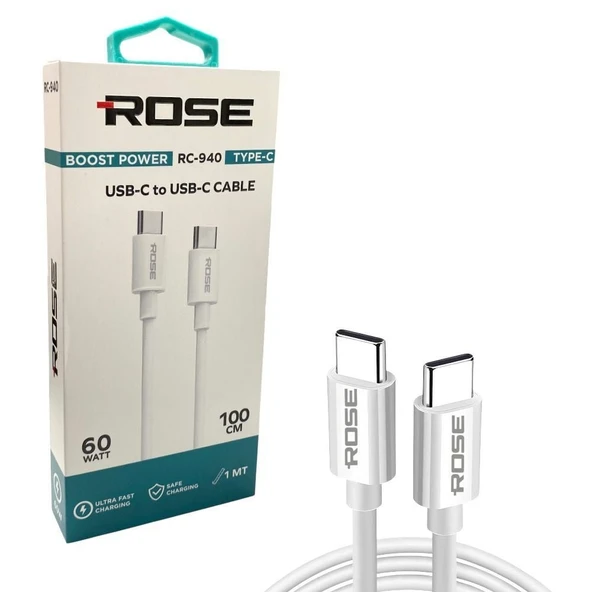 Rose MR-940 Type-C to Type-C 60Watt 1Metre Şarj Kablosu ürün görseli 1