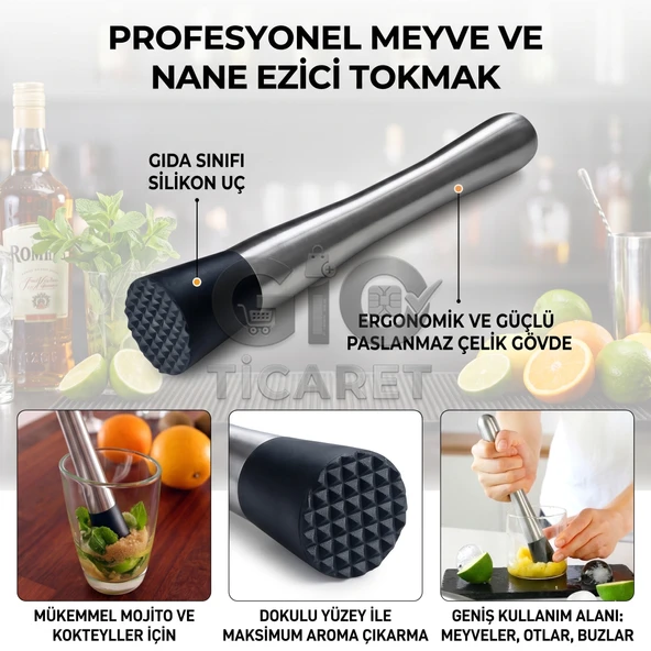 Profesyonel Paslanmaz Çelik Kokteyl Tokmağı ve Mojito Havanı - Tırtıklı Uçlu Barmen Tipi Meyve ve Buz Ezici (Muddler) ürün görseli 1