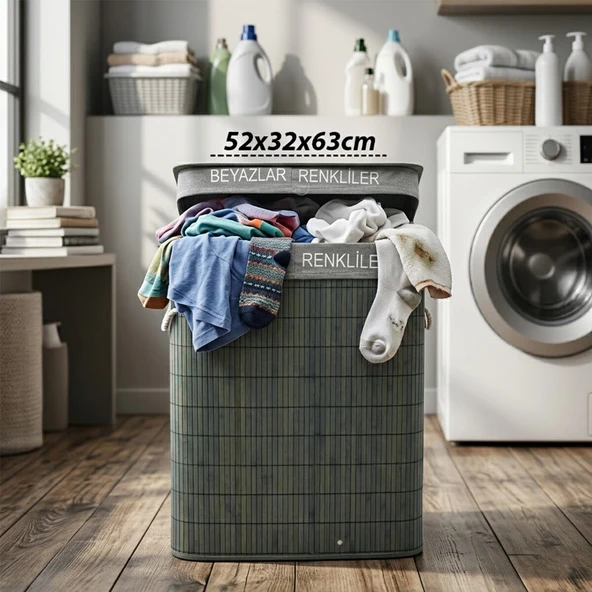 GRİ DİKDÖRTGEN 2 BÖLMELİ 52X32CM Y:63CM BAMBU AHŞAP KİRLİ ÇAMAŞIR SEPETİ KUMAŞ ÇANTALI İP KULP (2818) ürün görseli 1
