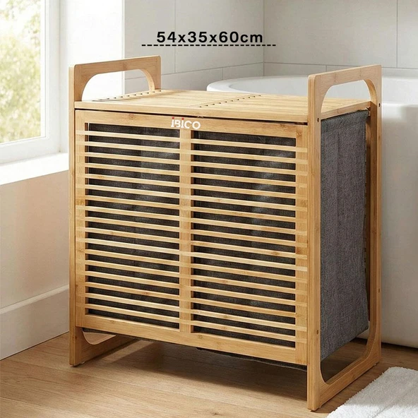KALIN AHŞAP BAMBU 2 BÖLMELİ KİRLİ ÇAMAŞIR SEPETİ KUMAŞ ÇANTALI SEPET=54X35X60CM (2818) ürün görseli 1