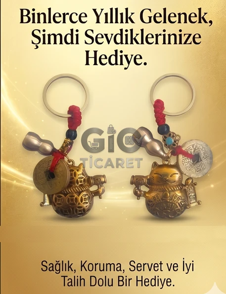 Feng Shui Şans Kedisi Maneki Neko Anahtarlık - Wu Lou Bereket Kabağı ve Çin Parası Tılsımlı Konsept Hediye ürün görseli 1