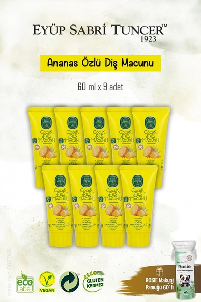 9 Adet Doğal Ananas Özlü Diş Macunu 60 ml, Rosie Hediye ürün görseli 1
