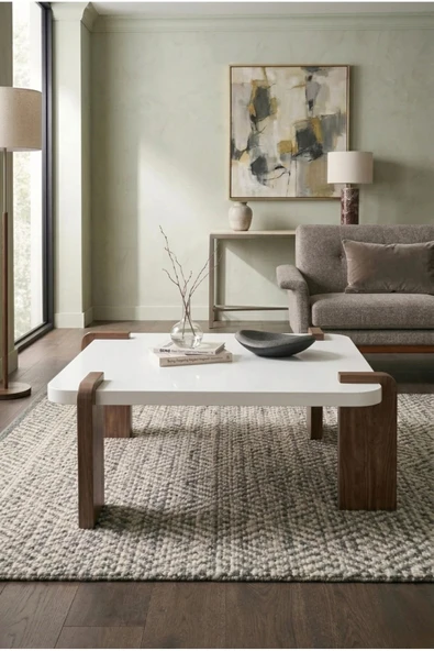 Tridihome Modern Orta Sehpa Beyaz Üst Tablalı Ahşap Ayaklı Şık Tasarım Salon Sehpası Beyaz ürün görseli 1