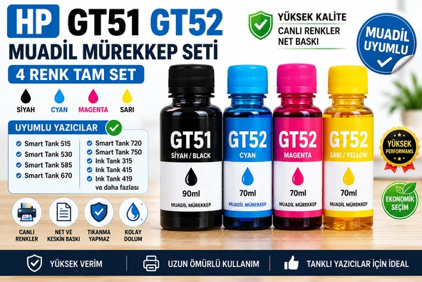 HP GT51 GT52 Muadil Dolum Mürekkebi 4 Renk Tam Set HP Smart Tank 515 585 670 720 Serisi Uyumlu ürün görseli 1