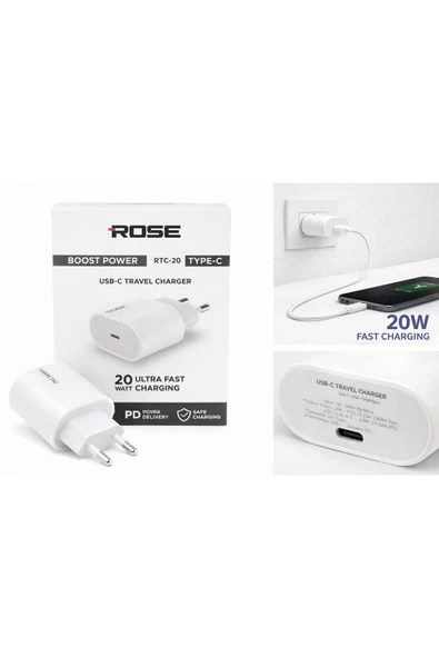 Rose RTC-20 20W Ultra Hızlı / USB-C Seyahat Hızlı Güç Şarj Cihazı ürün görseli 1