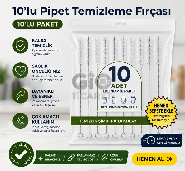 10'lu Pipet Temizleme Fırçası Seti - Paslanmaz Çelik İnce Temizlik Fırçası - Cam ve Metal Pipet, Biberon Emziği ve Dar Alan Temizleyici ürün görseli 1