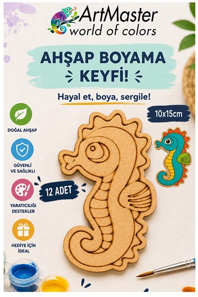 Ahşap Boyama Deniz Atı 12 Adet 10x15cm Boyama Deniz Figürü Etkinlik Çoçuk Gelişim Motor Beceri Kreş Anasınıfı ürün görseli 1
