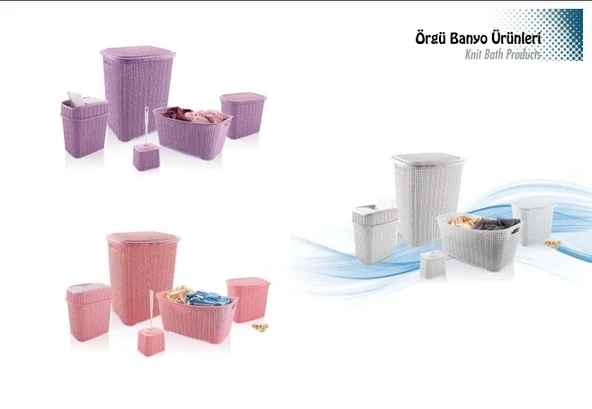 5 Parça Örgü Desenli Plastik Banyo Seti Çamaşır Sepeti Deterjanlık Klik  Kovası Klozet Fırçası ürün görseli 1
