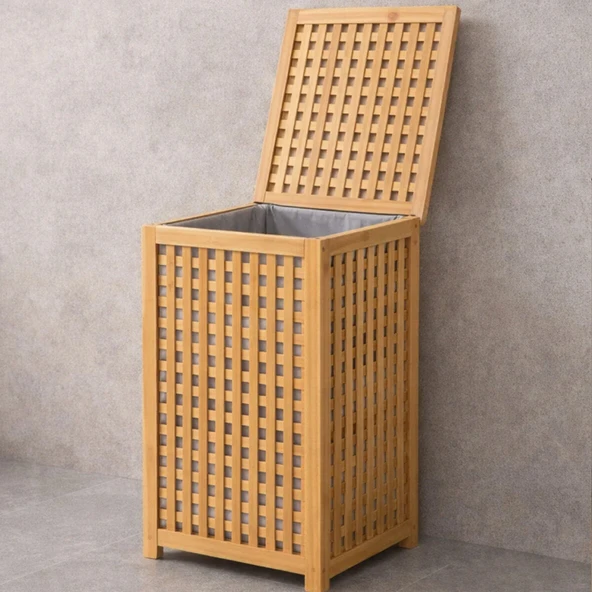 KALIN AHŞAP BAMBU KİRLİ ÇAMAŞIR SEPETİ KUMAŞ ÇANTALI SEPET=40X40X58CM (5250) ürün görseli 1