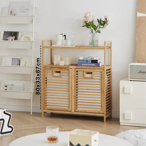 KİRLİ 2 KAT ORGANİZER RAFLI - 2 BÖLMELİ ÖNDEN ÇEK AÇ KALIN AHŞAP BAMBU KİRLİ ÇAMAŞIR SEPETİ 80X33X87CM (5250) ürün görseli 1