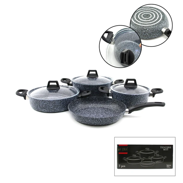 GRİ 7 PARÇA GRANİT TENCERE - TAVA SETİ 20-24CM DERİN - 27CM BASIK CAM KAPAK TENCERE - 26CM TAVA (5250) ürün görseli 1