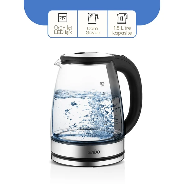 CAM - LEDLİ KETTLE 1.8LT  GİZLİ REZİSTANS - KABLOSUZ 360 DERECE GÖVDE 1500W SK-8033 (5250) ürün görseli 1