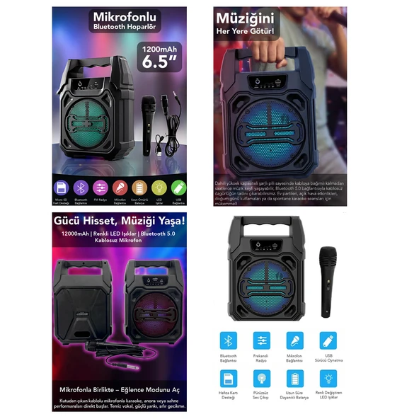 6.5 INC BLUETOOTH WİRELESS MİKROFONLU HOPARLÖR - SPEAKER USB SARJLI AUX - TF - USB PS-1283 (5250) ürün görseli 1