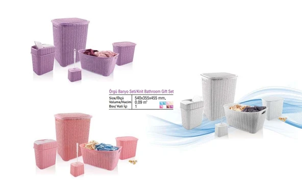 5 Parça Örgü Desenli Plastik Banyo Seti Çamaşır Sepeti Deterjanlık  Kovası Klozet Fırçası - Mi ürün görseli 1