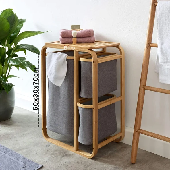 KİRLİ ÇAMAŞIR SEPETİ AHŞAP - BAMBU 3 ORGANİZER BÖLMELİ KUMAŞ ÇANTALI 50X30X70CM (5250) ürün görseli 1
