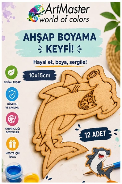 Ahşap Boyama Köpek Balığı 12 Adet 10x15cm Boyama Deniz Figürü Etkinlik Çoçuk Gelişim Motor Beceri Kreş Anasınıfı ürün görseli 1