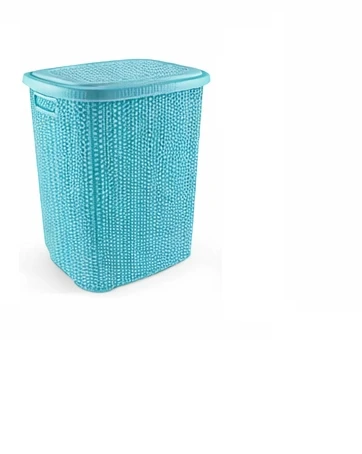 Kirli Çamaşır Sepeti Kapaklı 65 LT Örgü Desenli Plastik Çamaşır Sepeti Banyo Sepeti - Turkuaz ürün görseli 1