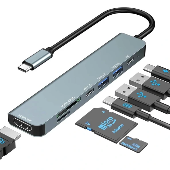 Divex 7 in 1 Type-C Girişli 7 Farklı Çıkışlı USB Çoklayıcı Splitter DX-06 ürün görseli 1